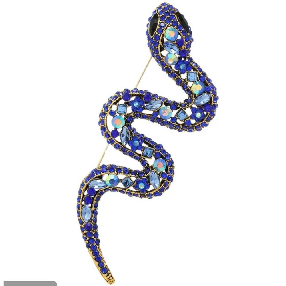 Brooch Blue Crystal Snake Gold Tone